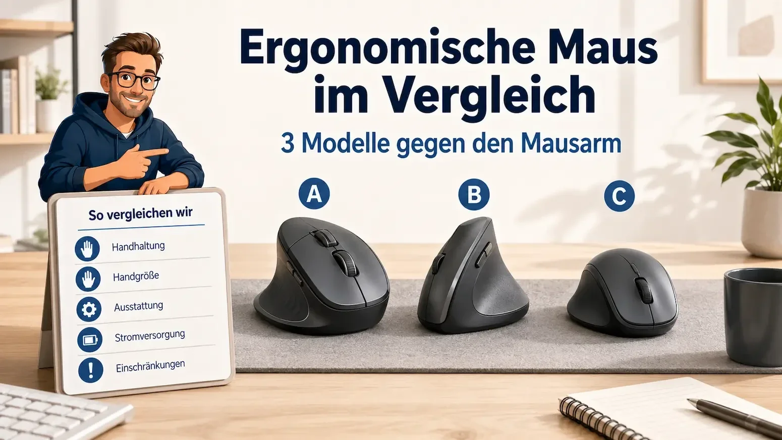 Drei ergonomische Mäuse im Vergleich mit Kriterien zu Handhaltung, Handgröße, Ausstattung und Stromversorgung