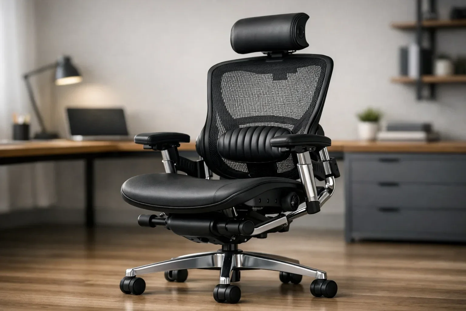 Ein hochwertiger ergonomischer Bürostuhl mit verstellbaren Armlehnen und Lordosenstütze vor einem modern eingerichteten Homeoffice-Arbeitsplatz.