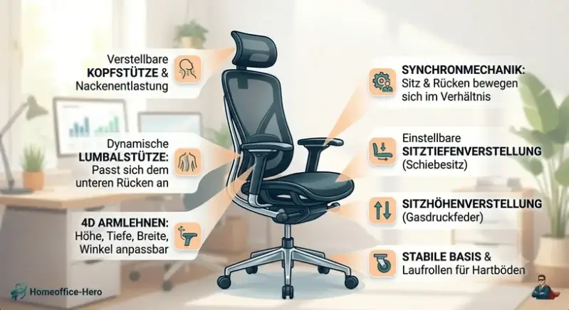 Infografik: Funktionen eines ergonomischen Bürostuhls mit Kopfstütze, Lumbalstütze (Lordosenstütze), 3-4 D Armlehnen, Synchronmechanik, Sitztiefenverstellung, Sitzhöhenverstellung.