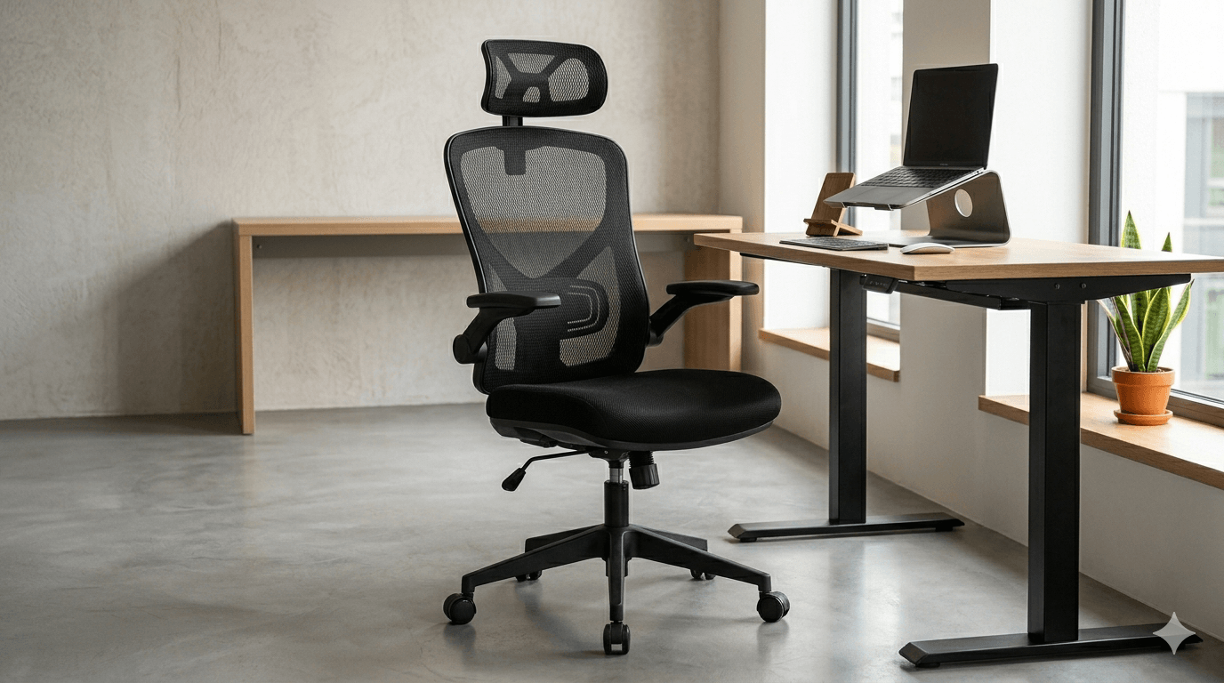 Moderner, schwarzer ergonomischer Bürostuhl mit Netzrücken und Kopfstütze, platziert in einem hellen Homeoffice vor einem höhenverstellbaren Schreibtisch mit Laptop-Ständer.
