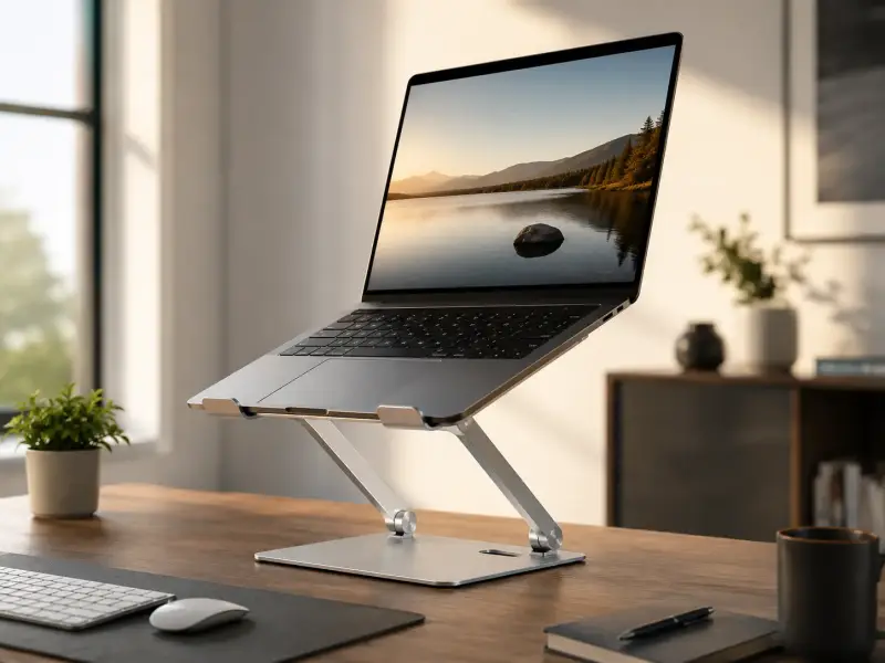 Ein höhenverstellbarer Laptopständer aus Aluminium auf einem modernen Schreibtisch für eine aufrechte Sitzhaltung.