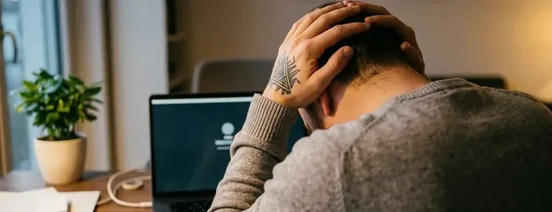 Nahaufnahme von hinten: Erschöpfte Person im Homeoffice mit Händen auf dem Kopf und sichtbarem Tattoo