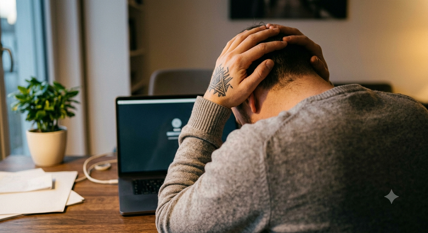 Nahaufnahme von hinten: Erschöpfte Person im Homeoffice mit Händen auf dem Kopf und sichtbarem Tattoo