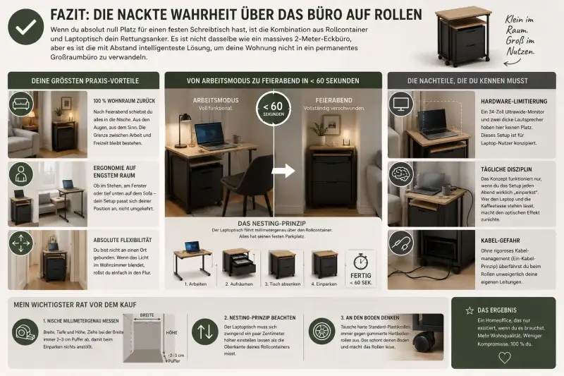 Zusammenfassung: Vorteile und Nachteile eines mobilen Homeoffice mit Rollcontainer und Laptoptisch sowie wichtige Kauf-Tipps für das Nesting-Prinzip.