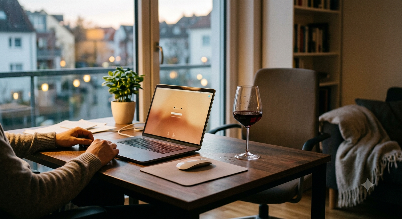Entspanntes Homeoffice am Abend mit einem Glas Wein und Laptop