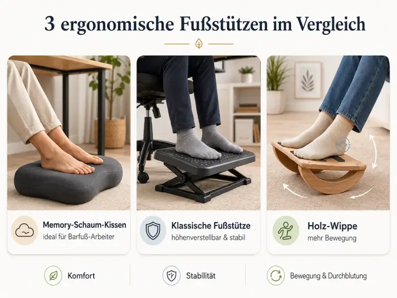 Ein optischer Vergleich von drei verschiedenen ergonomischen Modellen für das Homeoffice. Unter dem Schreibtisch stehen ein weiches Memory-Schaum-Kissen, eine klassische höhenverstellbare Ablage und eine dynamische Holz-Wippe.