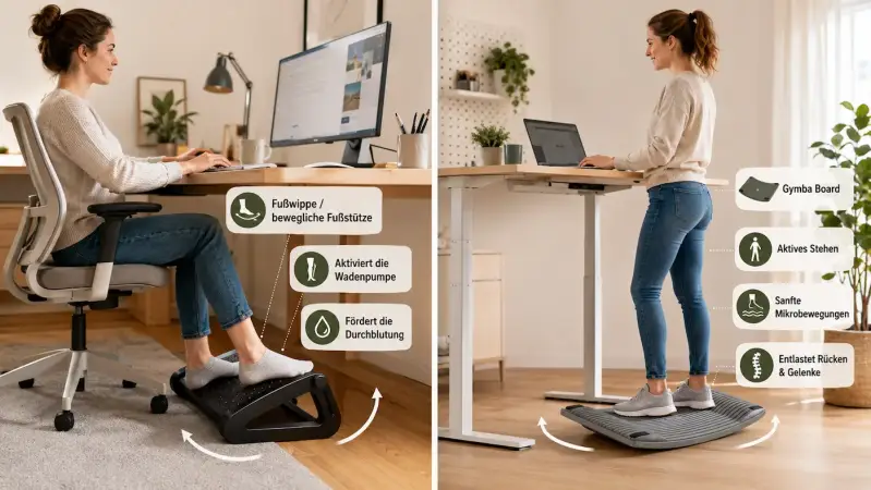 Anschaubild für ergonomisches Homeoffice: links nutzt eine Frau im Sitzen eine Fußwippe beziehungsweise bewegliche Fußstütze unter dem Schreibtisch, rechts steht sie an einem höhenverstellbaren Schreibtisch auf einem Gymba Board.
