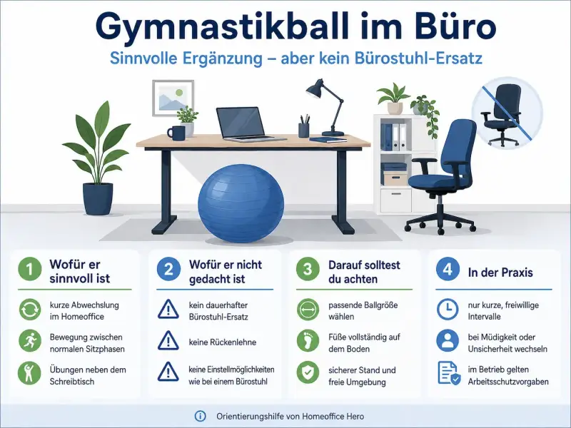 Infografik zum Gymnastikball im Büro mit Nutzen, Grenzen, Sicherheitshinweisen und Praxistipps