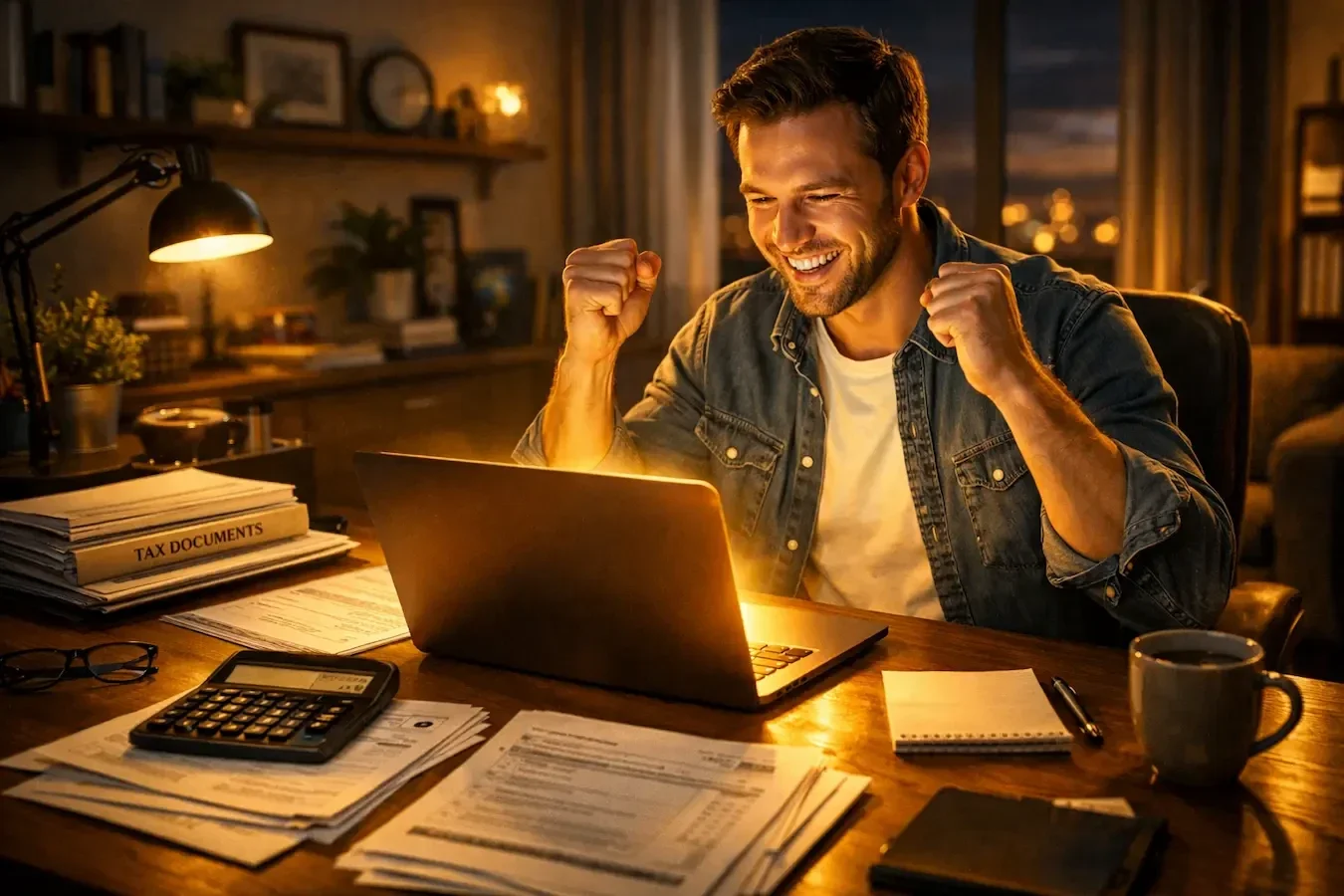 Ein erfolgreicher Selbstständiger an seinem beleuchteten Schreibtisch im Homeoffice bei der Steuererklärung für das Jahr 2026.