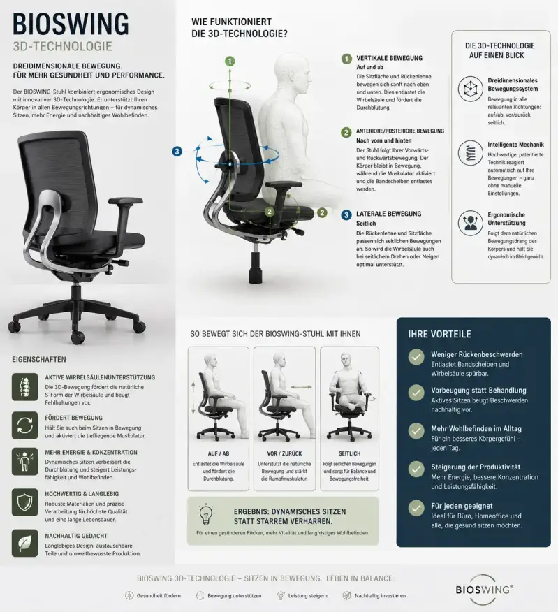 Erklärung der Haider Bioswing 3D-Technologie. Eine Infografik, die zeigt, wie das dreidimensionale Sitzwerk durch vertikale und laterale Bewegungen die Bandscheiben entlastet und die Rumpfmuskulatur stärkt.