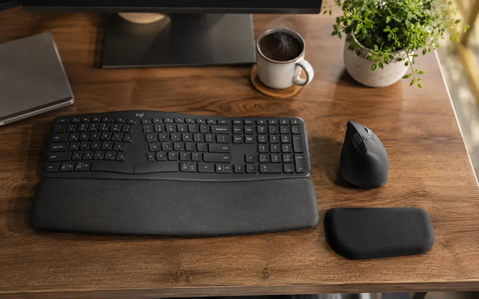 Moderne Handballenauflage für Tastatur und ergonomische Maus auf einem Holzschreibtisch.