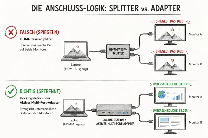 Infografik: Vergleich zwischen einem passiven HDMI-Splitter, der das Bild spiegelt, und einer Dockingstation, mit der man 2 Monitore getrennt nutzen und unterschiedliche Bilder anzeigen kann.
