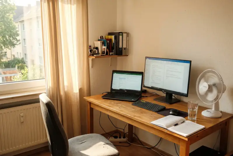 Homeoffice-Arbeitsplatz an einem heißen Sommertag mit Sonneneinstrahlung und Ventilator