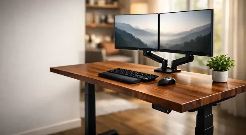 Elektrisch höhenverstellbarer Schreibtisch mit massiver Holzplatte und zwei Monitoren im ergonomischen Homeoffice.