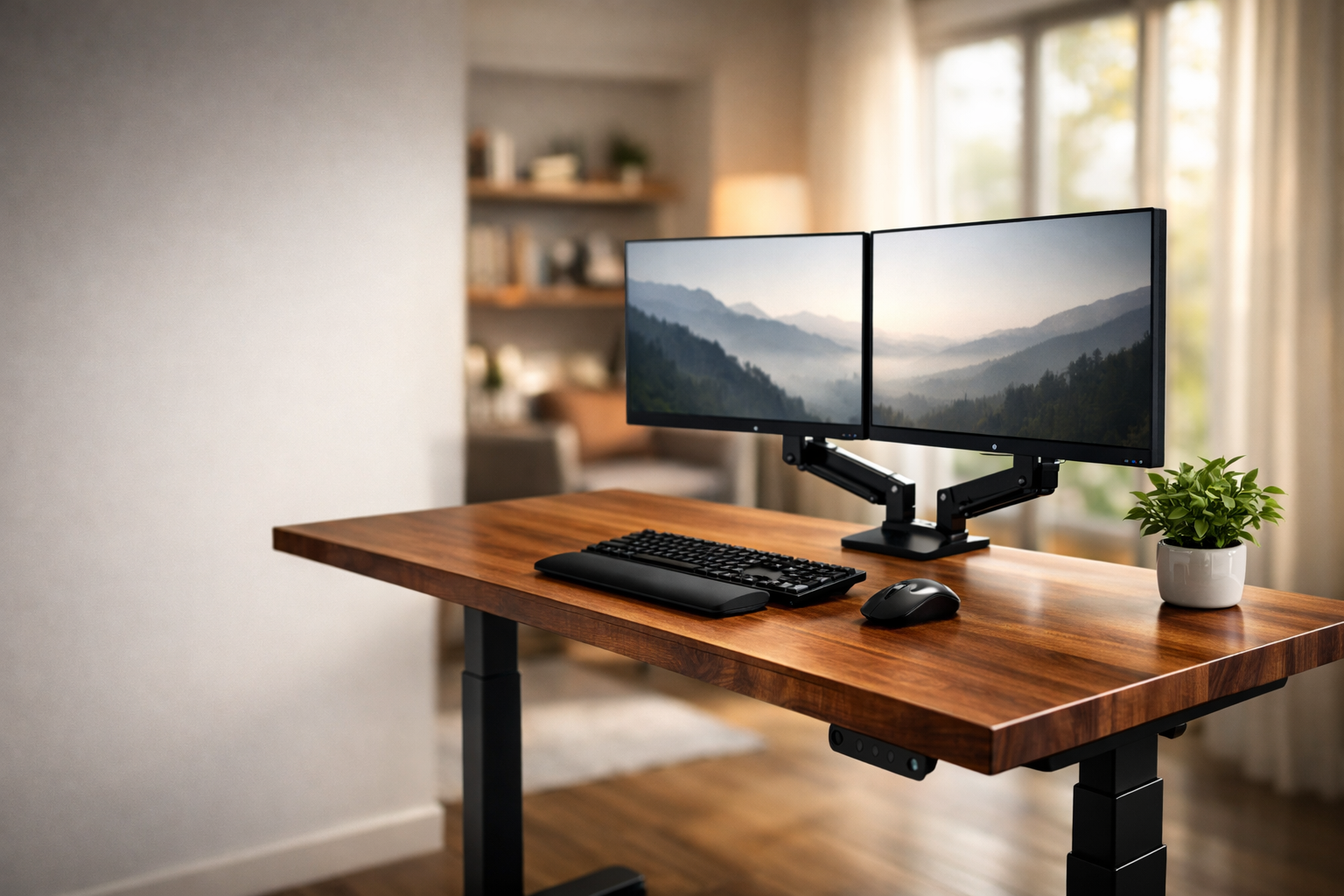 Elektrisch höhenverstellbarer Schreibtisch mit massiver Holzplatte und zwei Monitoren im ergonomischen Homeoffice.