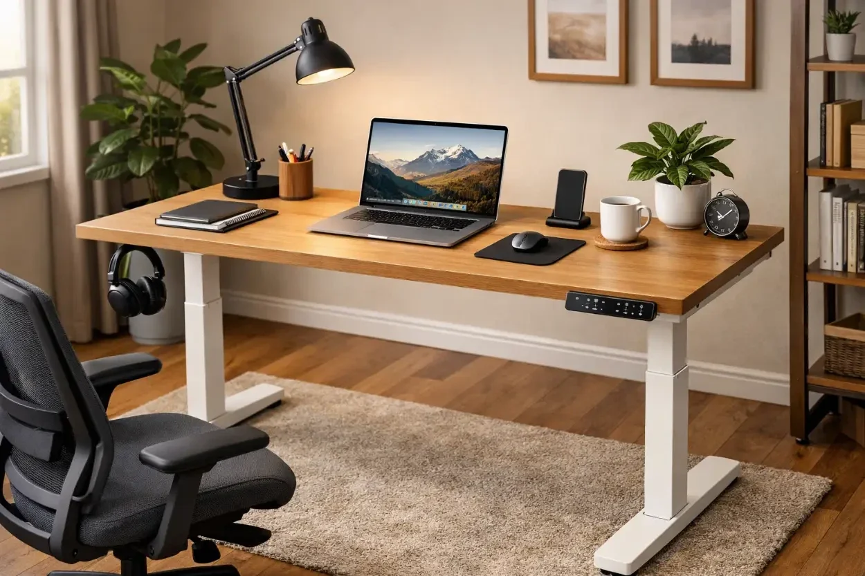 Ein aufgeräumtes Homeoffice mit einem elektrisch höhenverstellbaren Schreibtisch aus Holz, einem ergonomischen Bürostuhl und einem Laptop.