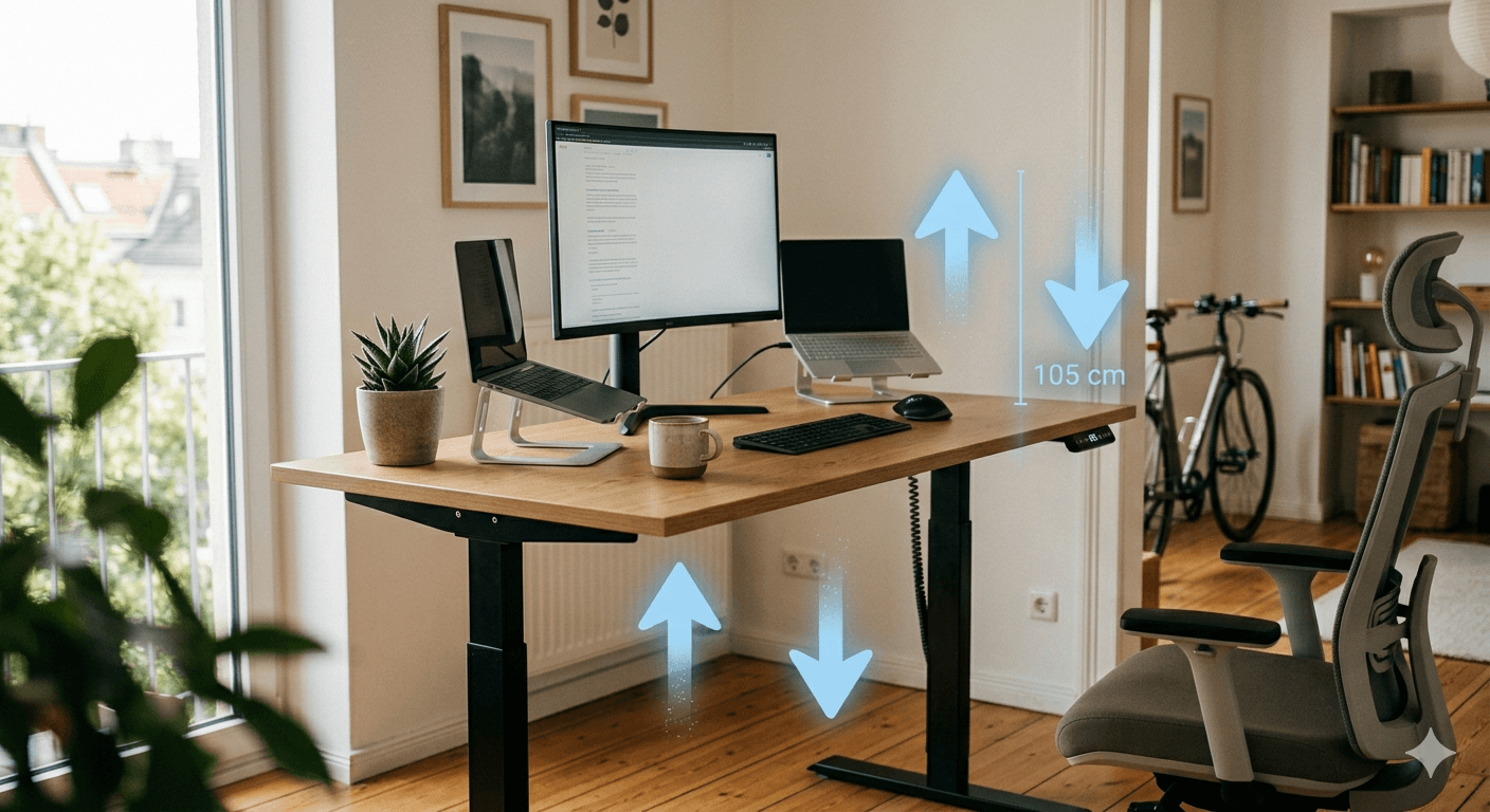 Elektrisch höhenverstellbarer Schreibtisch im Homeoffice mit Pfeilen zur Visualisierung der Höhenverstellung