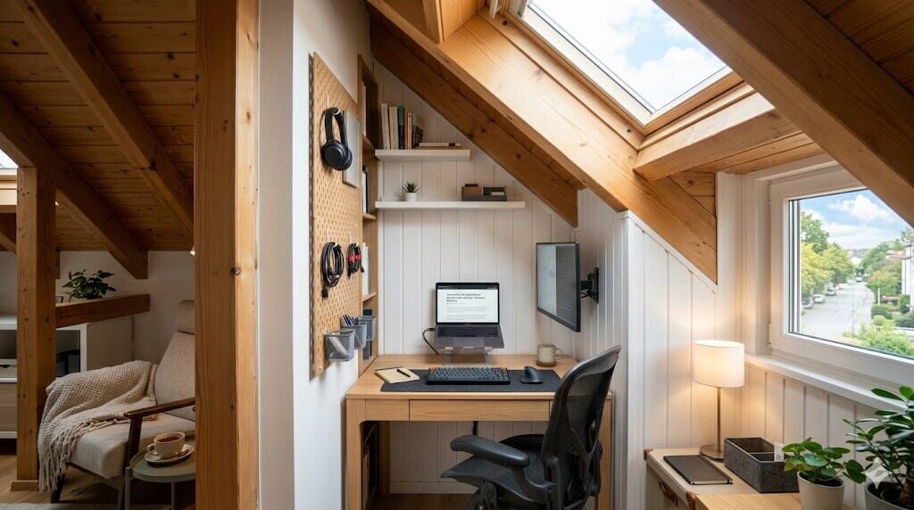 Kompakter Homeoffice-Arbeitsplatz in einer Nische unter einer Holz-Dachschräge mit Laptop, vertikaler Maus und Pegboard-Ordnungssystem.