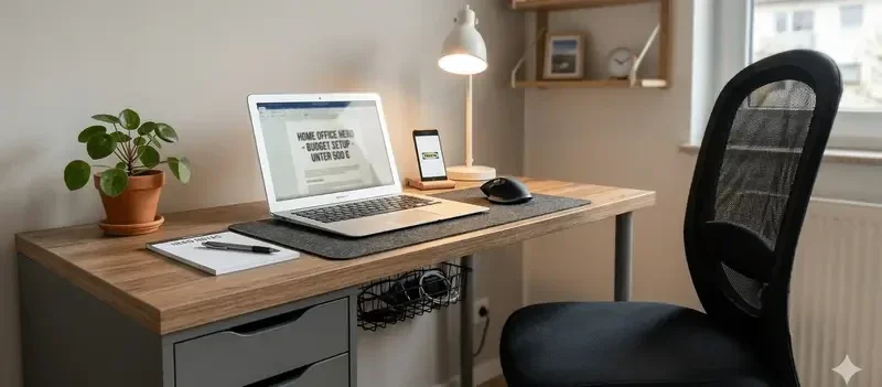 Homeoffice-Arbeitsplatz mit Laptop, Tischlampe und ergonomischem Bürostuhl, konfiguriert als Budget-Setup unter 500 Euro.