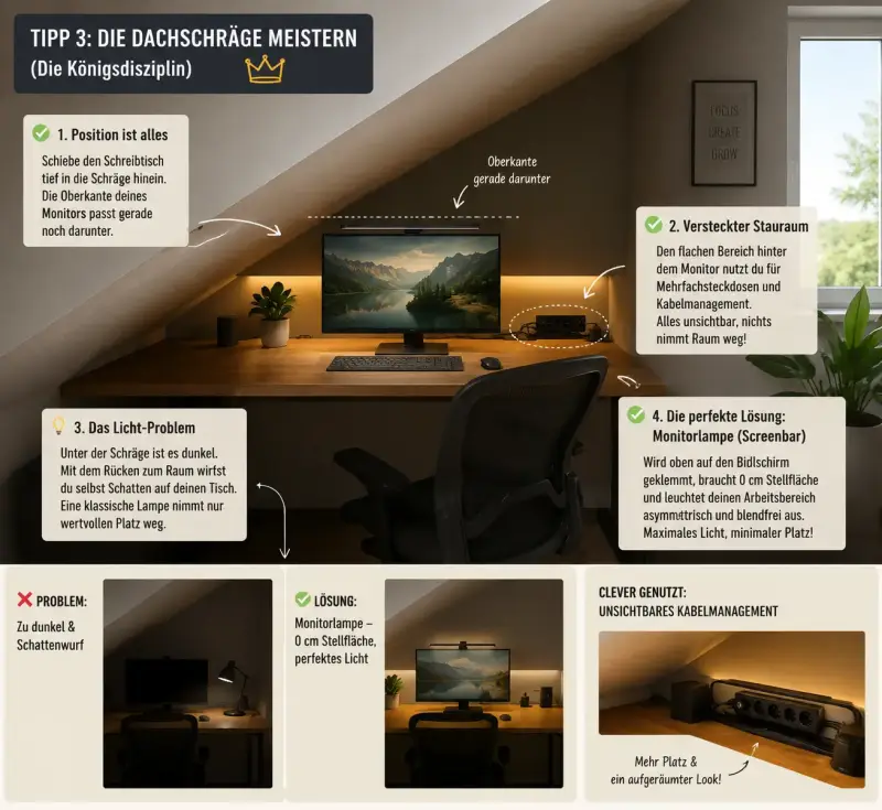 Infografik mit 4 Tipps für das Homeoffice unter der Dachschräge: Richtige Schreibtisch-Positionierung, unsichtbares Kabelmanagement und platzsparende Beleuchtung mit einer Monitorlampe.
