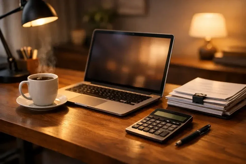 Ein aufgeräumter Schreibtisch im Homeoffice mit Laptop, Taschenrechner und Dokumenten, passend zum Thema Homeoffice Finanzen und Steuern.