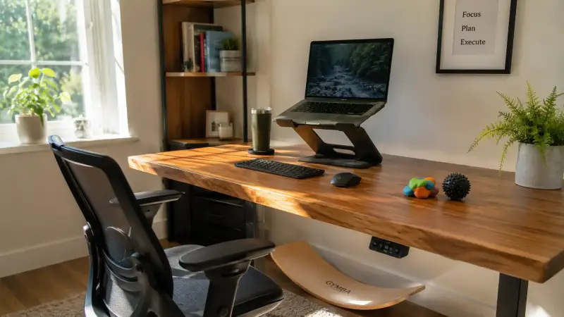 Ein moderner, heller Homeoffice-Arbeitsplatz. Auf dem Schreibtisch liegen ergonomische Gadgets wie Therapieknete und ein Faszienball, unter dem Tisch steht ein Gymba Balance Board für mehr Bewegung beim Arbeiten.