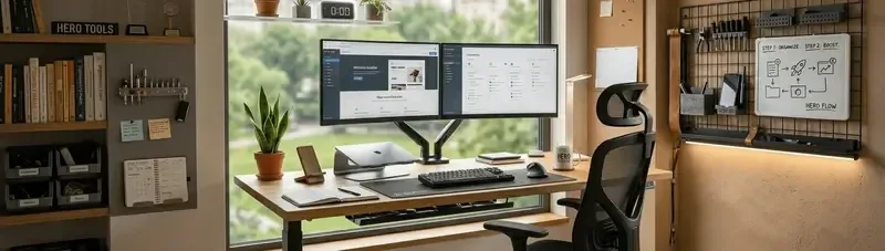 Modernes, ergonomisches Homeoffice mit organisierten 'Hero Tools', Pinnwand und höhenverstellbarem Schreibtisch. Ein aufgeräumter Arbeitsplatz mit Fokus auf Effizienz und clevere Ordnungslösungen.