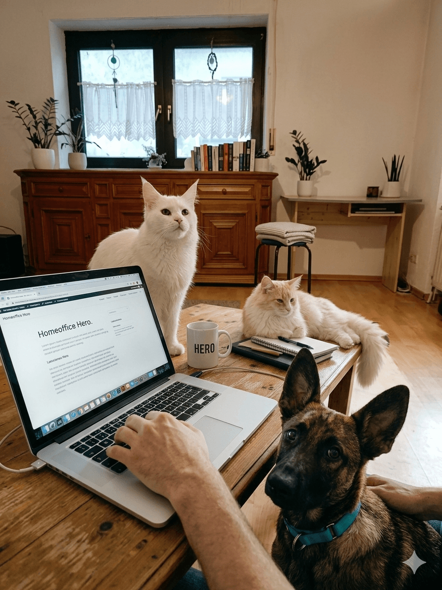 Laptop an einem Holztisch mit einem Schäferhund-Mischling und zwei Katzen im Hintergrund im Homeoffice.