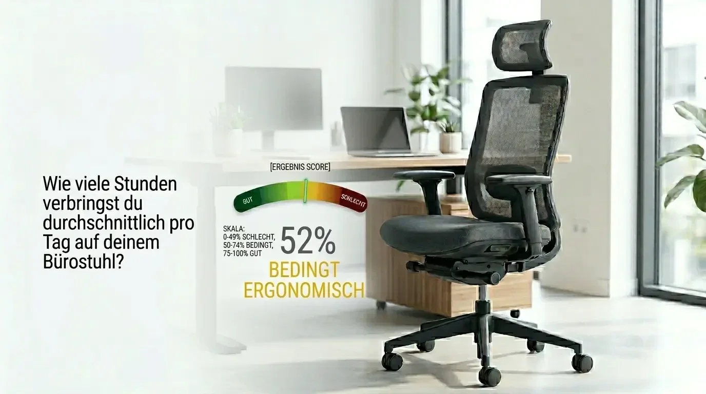 Ein ergonomischer Stuhl vor einem Schreibtisch. Eine Frage: ,,Wie viele Stunden verbringst du durchschnittlich pro Tag auf deinem Bürostuhl? Daneben ein Score von grün(gut) bis rot (schlecht) wir sehen das Ergebnis 52% =bedingt ergonomisch