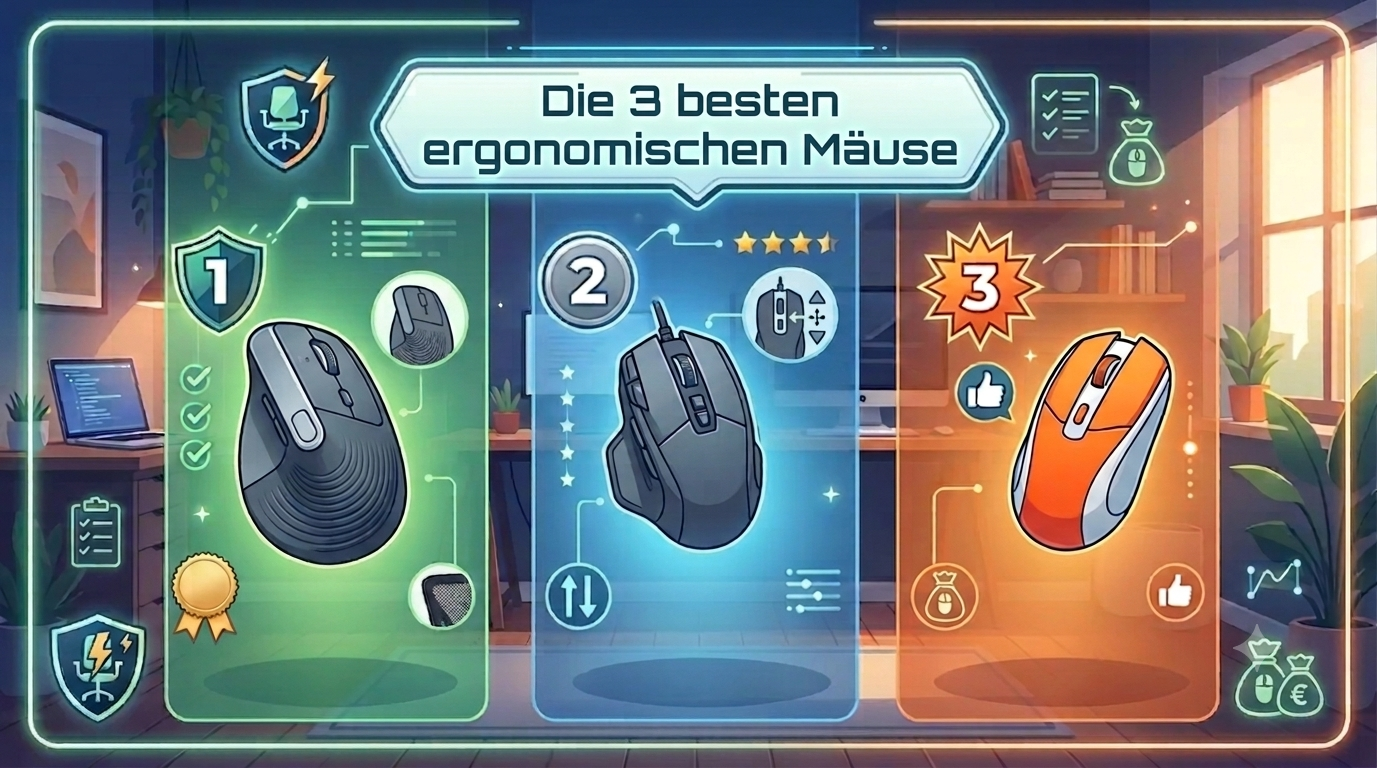 Infografik-Header für einen Blogbeitrag über den Vergleich der 3 besten ergonomischen Mäuse im Homeoffice