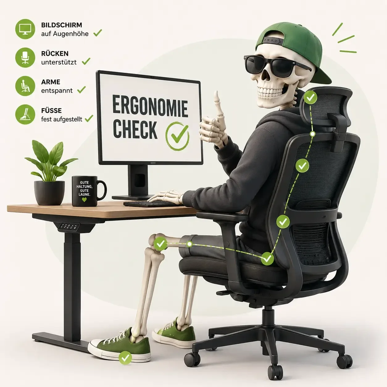Ein Skelette sitzt an einem Computer  vor einem Laptop. Auf dem Bildschirm steht Ergonomie-Check und weitere Ergonomie Themen werden angesprochen.