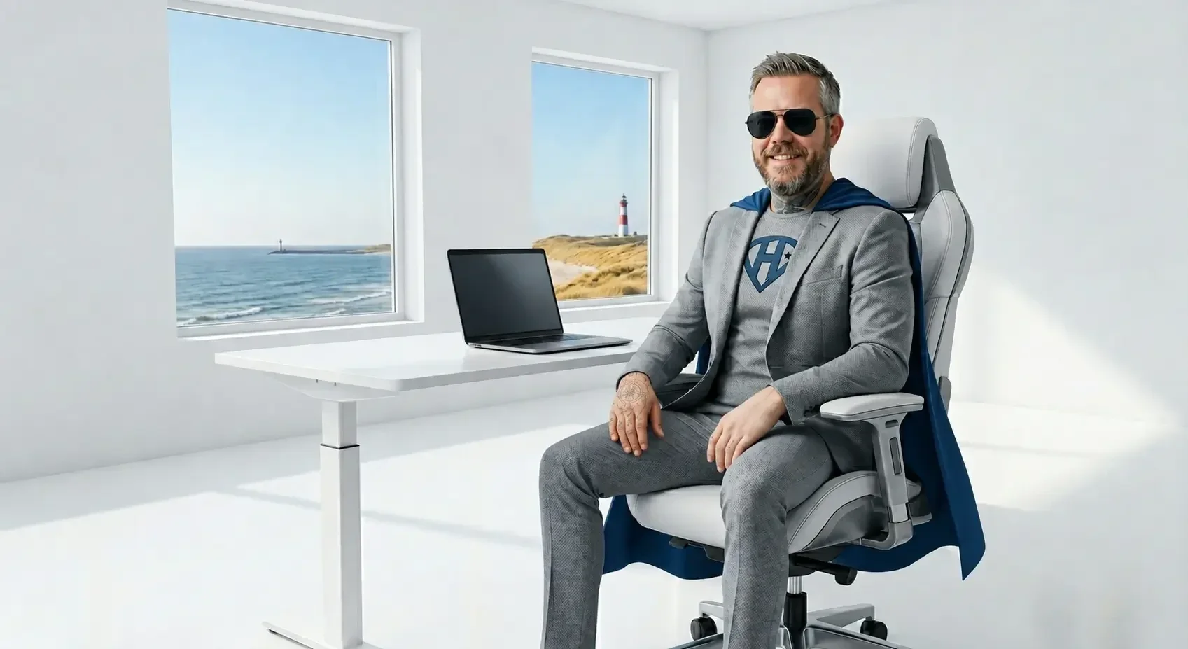 Ein Mann im grauen Anzug und Superhelden-Cape sitzt schmerzfrei an einem ergonomischen Schreibtisch mit Blick auf die Nordsee.
