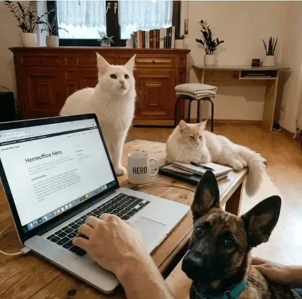 Homeoffice-Arbeitsplatz mit Laptop, Schäferhund und zwei Katzen auf dem Schreibtisch.
