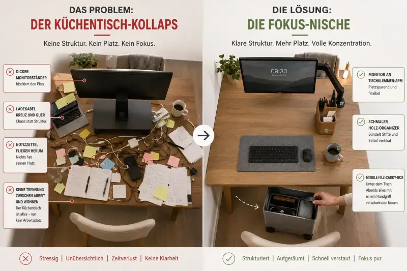 Vorher-Nachher-Vergleich für das Homeoffice im Wohnzimmer: Ein chaotischer Küchentisch mit Platzmangel und Kabelgewirr wird einer aufgeräumten Fokus-Nische mit platzsparendem Monitorarm, Schreibtisch Organizer aus Holz und Filz-Box gegenübergestellt.
