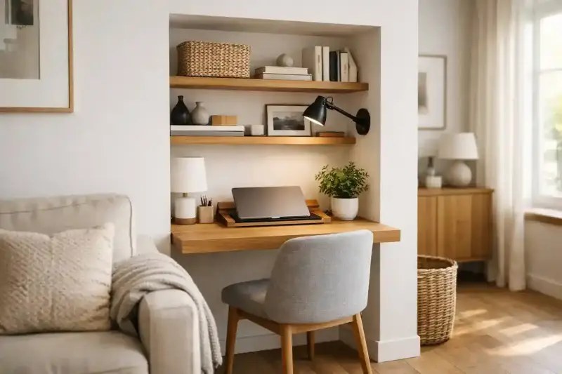 Kompaktes Homeoffice, das platzsparend in einer Wandnische neben einem Sofa im Wohnzimmer integriert ist, ausgestattet mit einem Holzschreibtisch, Laptop und dezentem Zubehör.