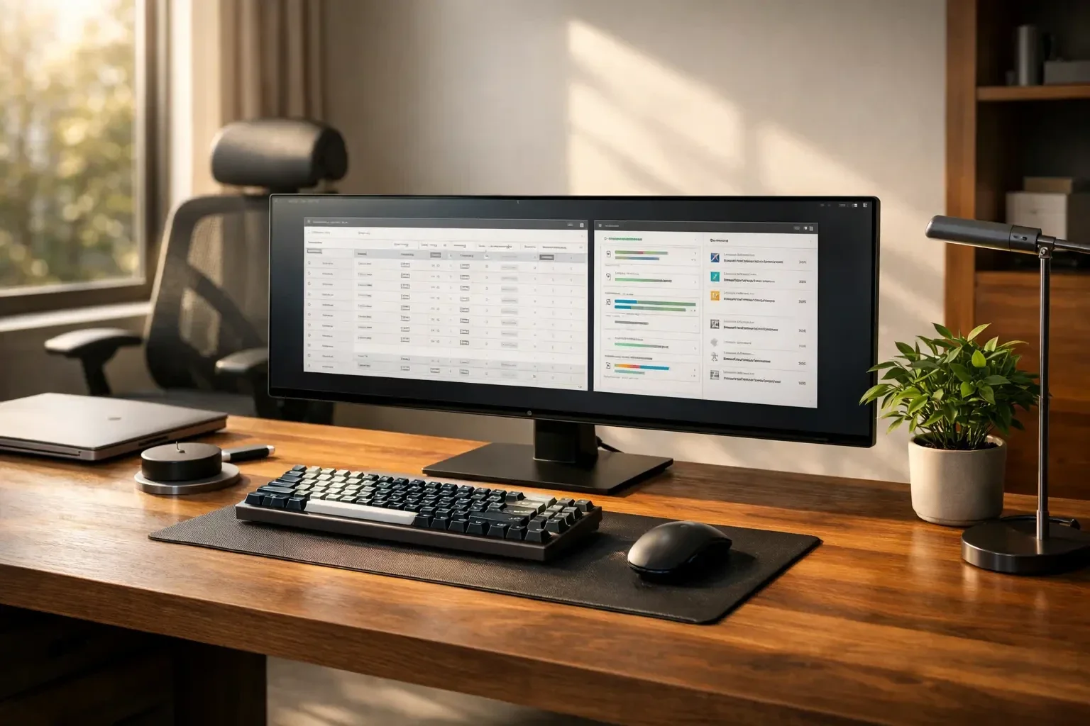 Ein moderner und aufgeräumter Homeoffice-Arbeitsplatz mit einem großen, ergonomischen Ultrawide-Monitor im Zentrum.
