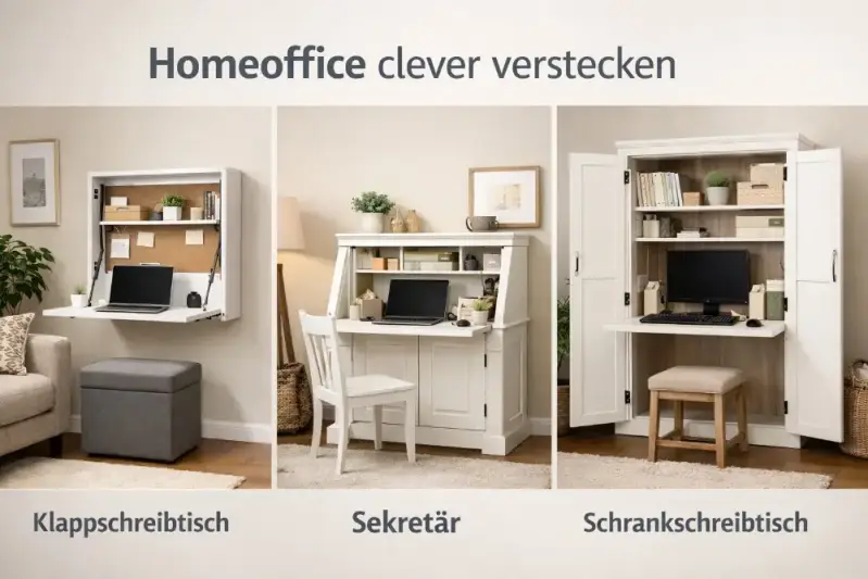Vergleich von drei platzsparenden Homeoffice-Lösungen: Ein an der Wand montierter Klappschreibtisch, ein weißer Sekretär und ein großer Schrankschreibtisch mit geöffneten Türen.