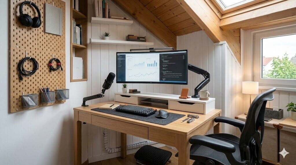 Professionel organisiertes Homeoffice-Zubehör auf einem Holztisch, inklusive Monitor-Lichtleiste, mechanischer Tastatur, Laptop-Ständer und Noise-Cancelling-Kopfhörern.