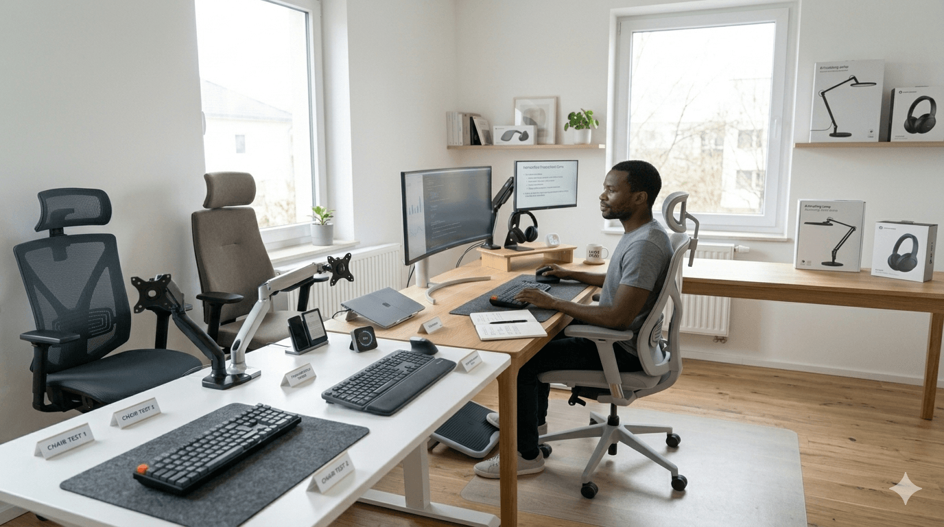 Ein moderner, ergonomischer Homeoffice-Arbeitsplatz mit zwei Monitoren auf einem höhenverstellbaren Holztisch. Das Setup wirkt aufgeräumt, professionell und produktiv, mit Fokus auf hochwertiges technisches Zubehör.