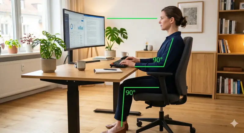 Illustration der optimalen Schreibtischhöhe und Ergonomie am Arbeitsplatz: Eine Person sitzt am Schreibtisch mit perfekten 90-Grad-Winkeln in Knie und Ellenbogen.