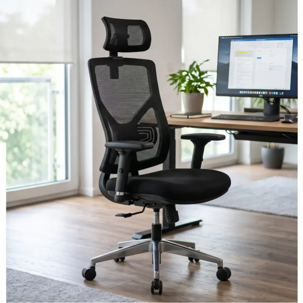 Ein moderner, ergonomischer Bürostuhl von SIHOO mit verstellbarer Lordosenstütze, Kopfstütze und atmungsaktivem Netzrücken im Homeoffice.