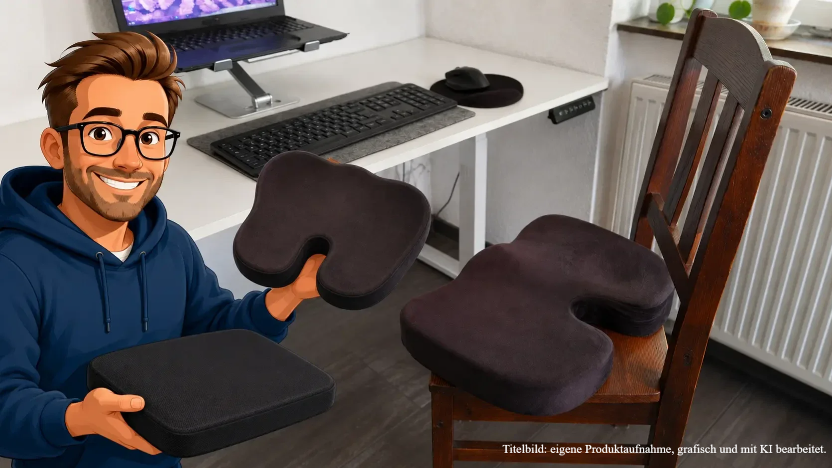 Sitzkissen für den Bürostuhl im Homeoffice: Ein ergonomisches Memory-Foam-Kissen liegt auf einem Holzstuhl vor einem Schreibtisch, links präsentiert eine Comicfigur zwei weitere Sitzkissenarten.