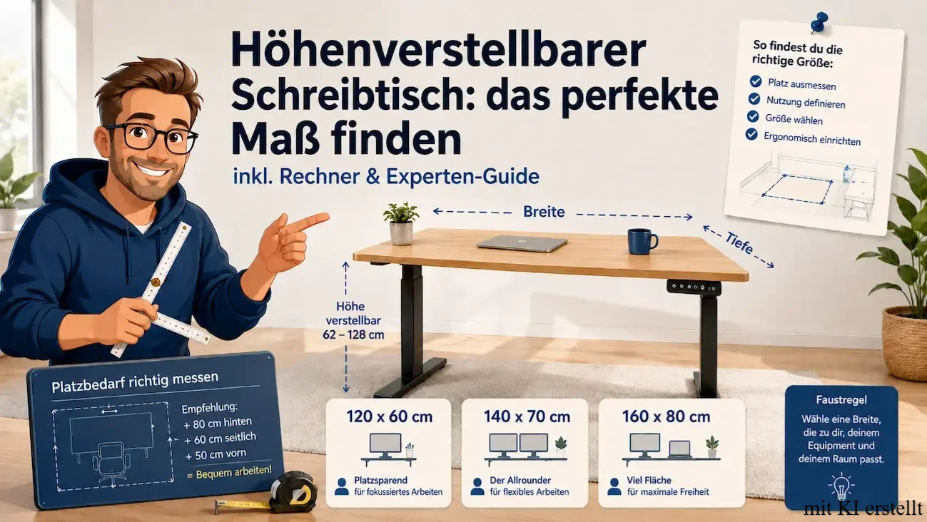 Cartoonfigur mit Zollstock neben einem höhenverstellbaren Schreibtisch, dazu Maßangaben und Größenempfehlungen für 120 x 60 cm, 140 x 70 cm und 160 x 80 cm.