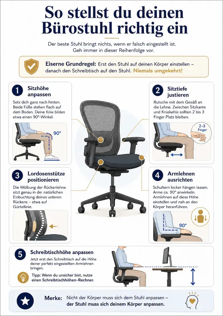 Infografik: Anleitung in 5 Schritten, wie man einen Bürostuhl ergonomisch richtig einstellt (Sitzhöhe, Sitztiefe, Lordosenstütze, Armlehnen und als letztes die Schreibtischhöhe).