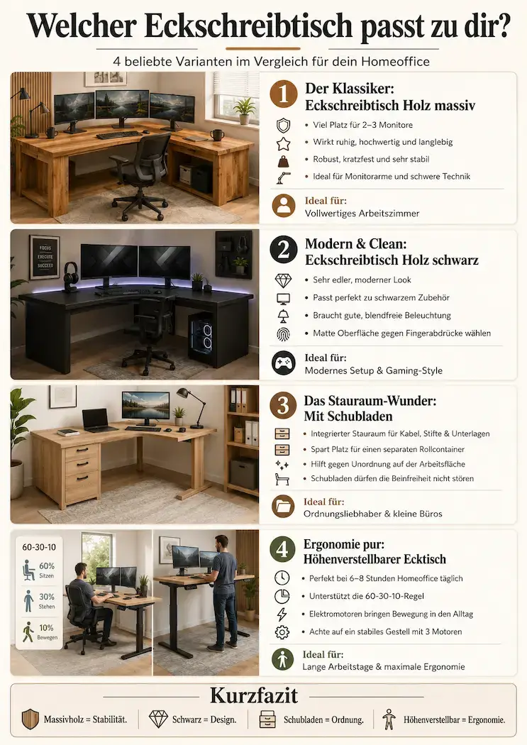 Infografik: Vergleich von 4 Eckschreibtisch-Modellen fürs Homeoffice - Massivholz, Schwarz, mit Schubladen und höhenverstellbar