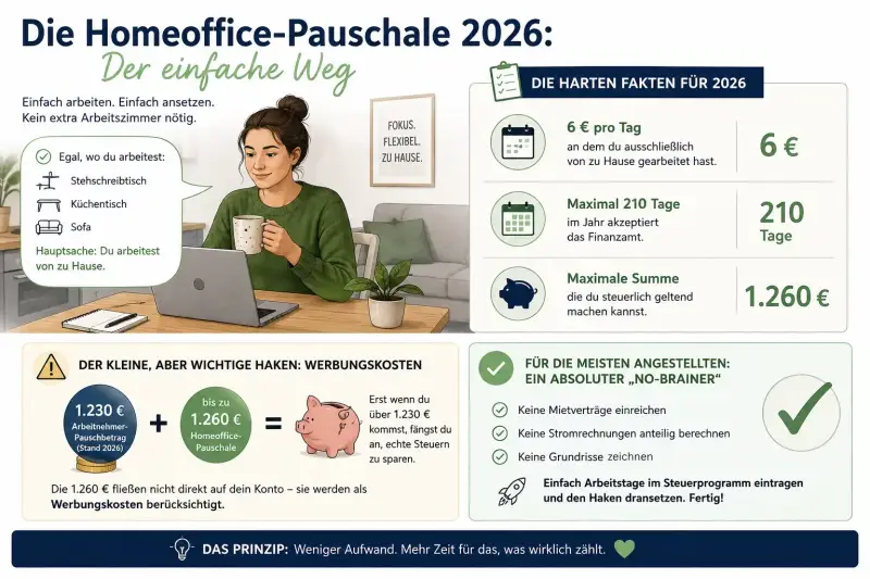 Eine anschauliche Infografik mit den Fakten zur Homeoffice-Pauschale 2026: 6 Euro pro Tag, maximal 210 Tage und 1.260 Euro Höchstsumme sowie eine Erklärung zur Verrechnung mit den Werbungskosten.