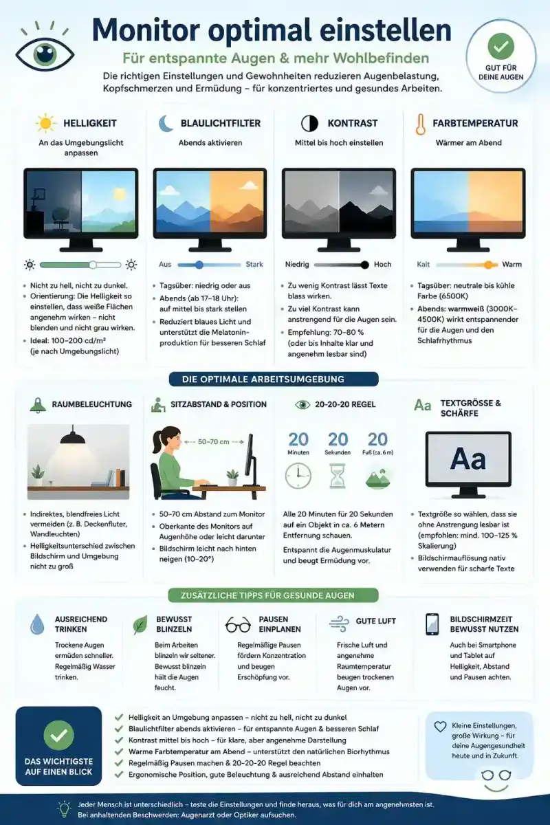 Umfassende Infografik: Wie man den Monitor augenschonend einstellt. Zeigt die optimalen Werte für Helligkeit, Blaulichtfilter, Kontrast und Farbtemperatur sowie Tipps wie die 20-20-20 Regel gegen müde Augen am Bildschirm.