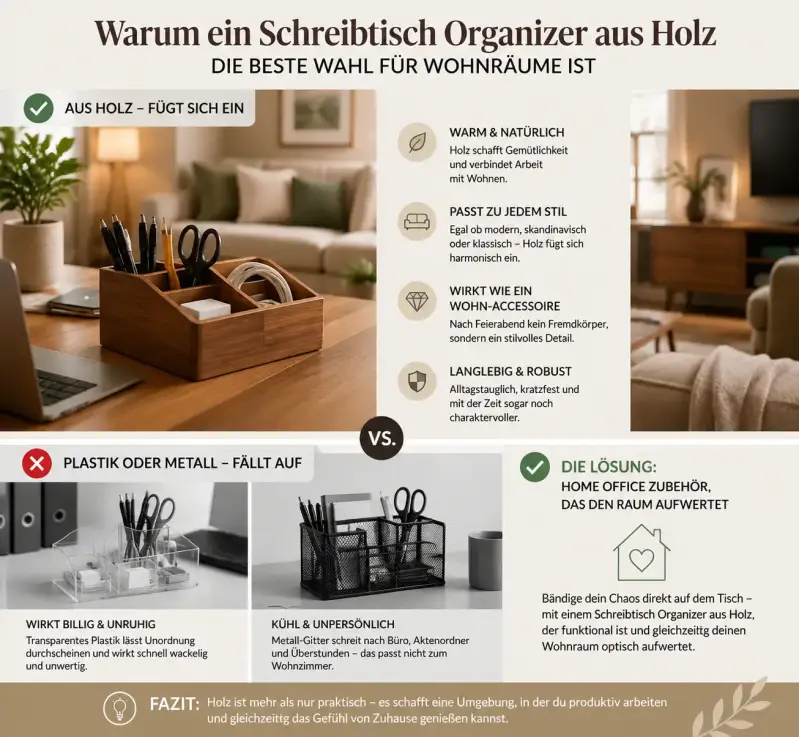Infografik: Warum ein Schreibtisch Organizer aus Holz im Wohnzimmer besser aussieht und funktionaler ist als Modelle aus Plastik oder Metall.