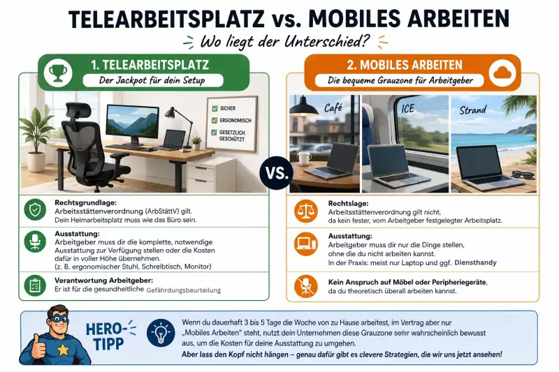 Eine übersichtliche Infografik, die den rechtlichen und praktischen Unterschied zwischen einem echten Telearbeitsplatz und mobilem Arbeiten im Homeoffice erklärt.