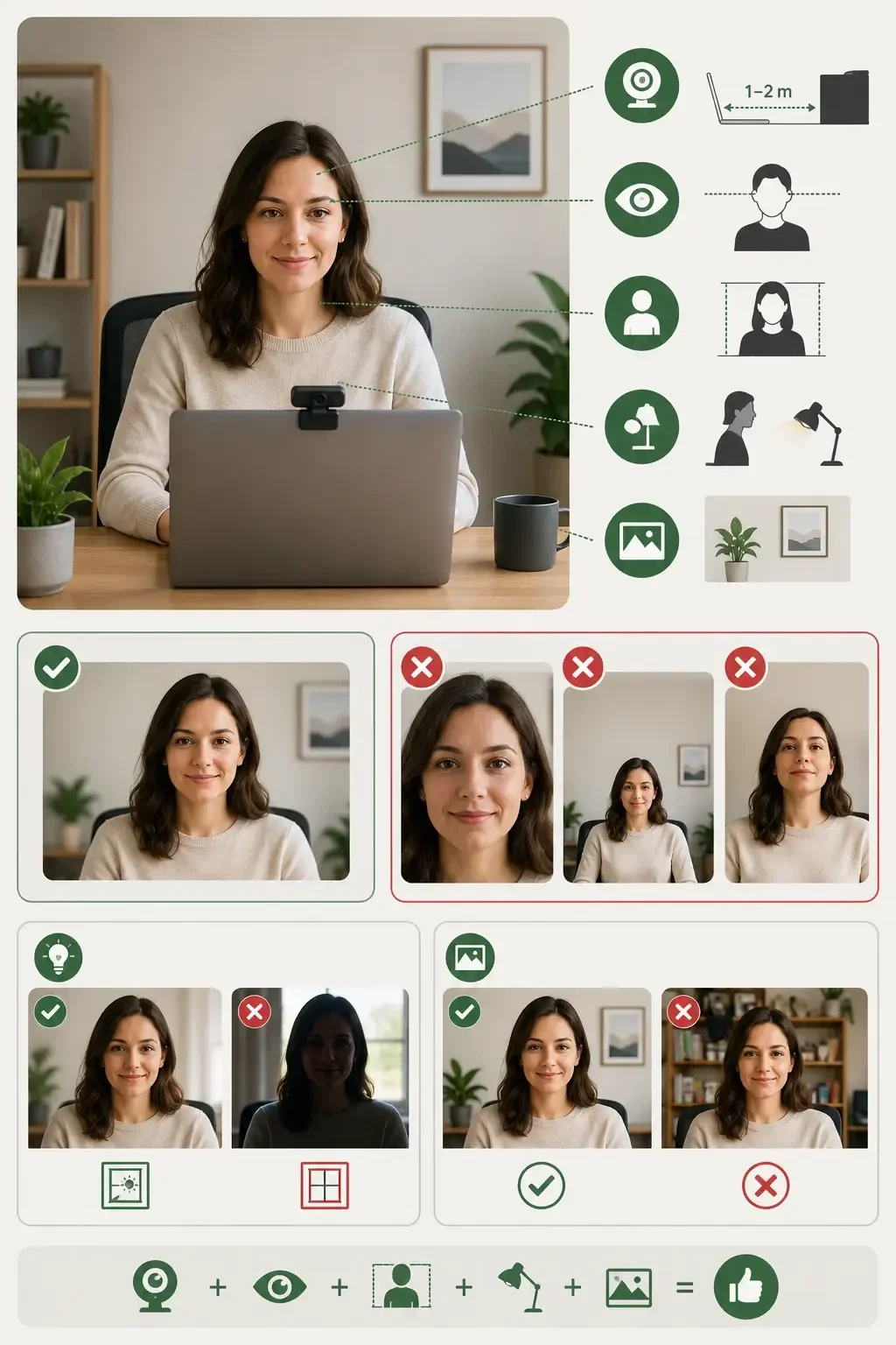 Infografik: Anleitung zur optimalen Webcam-Positionierung bei Videokonferenzen mit der Kamera auf Augenhöhe für einen professionellen Bildausschnitt.